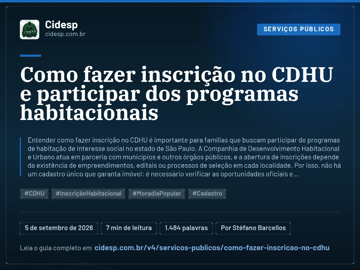 Cartão do artigo “Como fazer inscrição no CDHU e participar dos programas habitacionais”, com resumo, data de publicação e endereço da página.