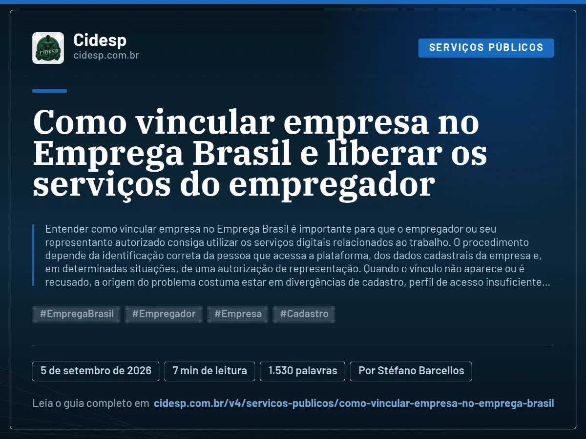 Cartão do artigo “Como vincular empresa no Emprega Brasil e liberar os serviços do empregador”, com resumo, data de publicação e endereço da página.