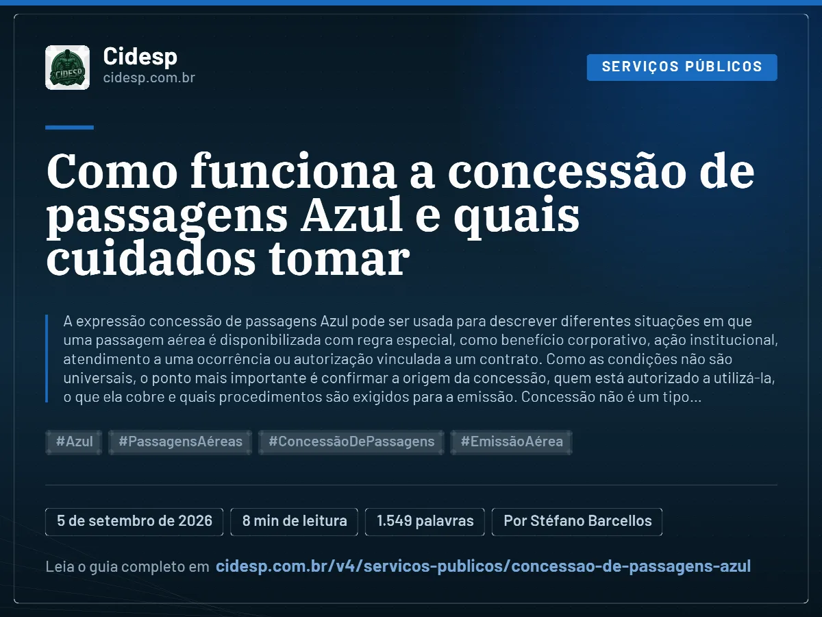 Cartão do artigo “Como funciona a concessão de passagens Azul e quais cuidados tomar”, com resumo, data de publicação e endereço da página.