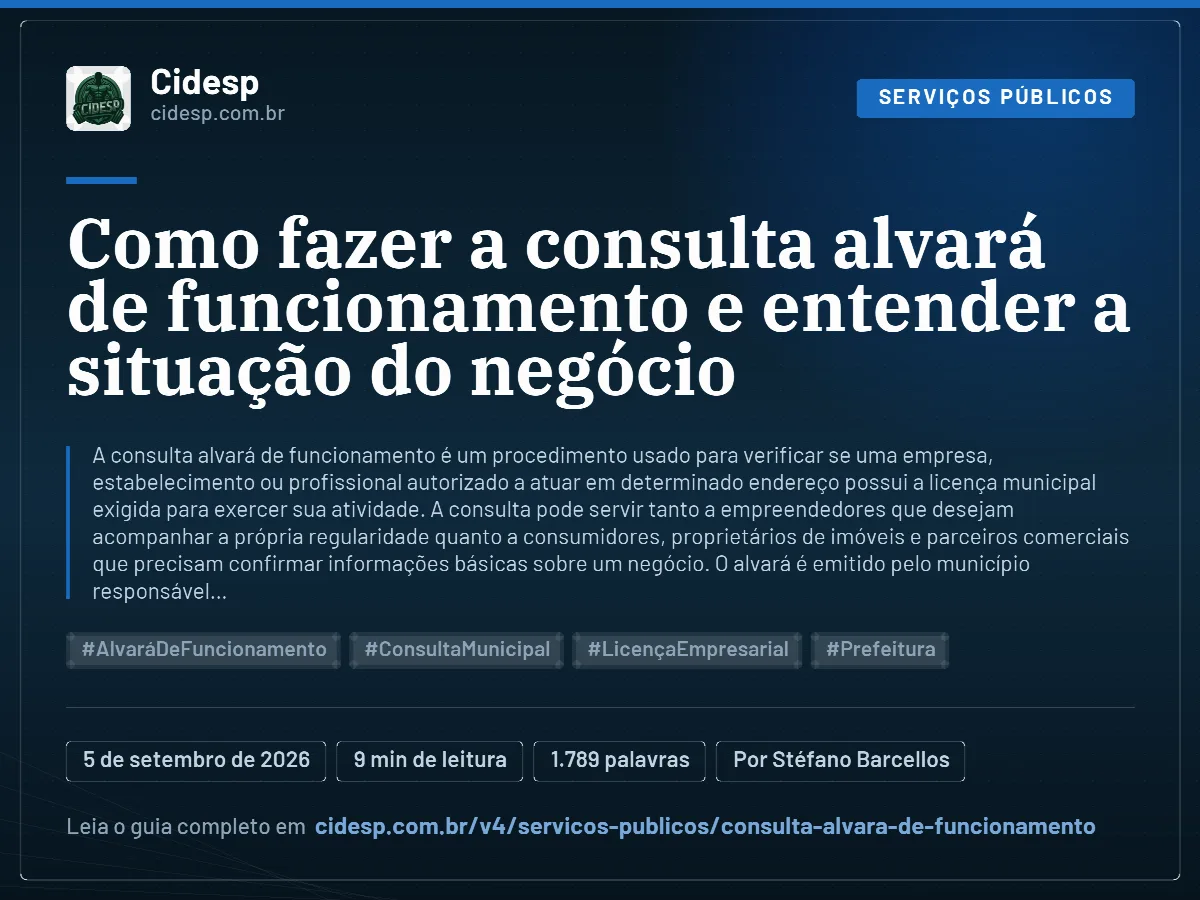 Cartão do artigo “Como fazer a consulta alvará de funcionamento e entender a situação do negócio”, com resumo, data de publicação e endereço da página.