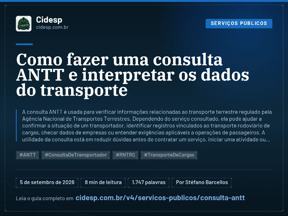 Cartão do artigo “Como fazer uma consulta ANTT e interpretar os dados do transporte”, com resumo, data de publicação e endereço da página.