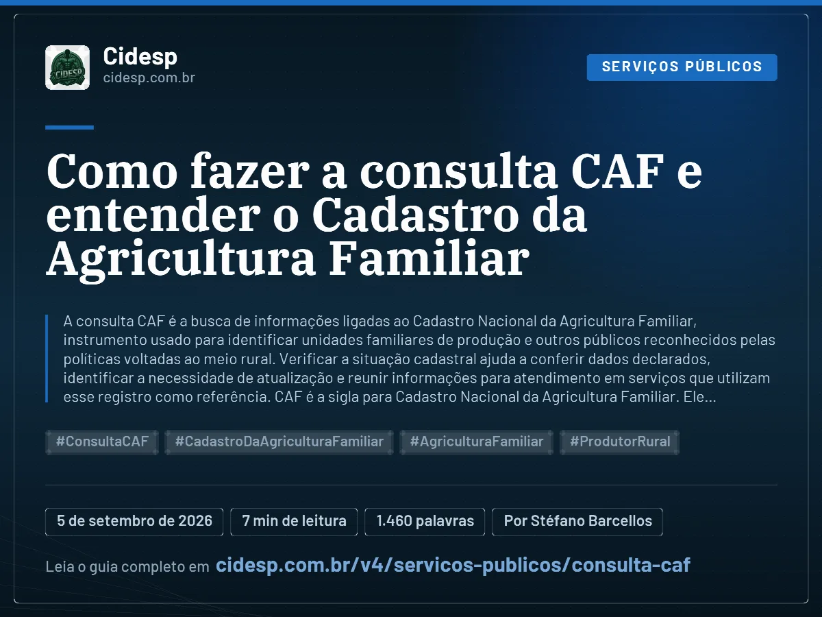 Cartão do artigo “Como fazer a consulta CAF e entender o Cadastro da Agricultura Familiar”, com resumo, data de publicação e endereço da página.