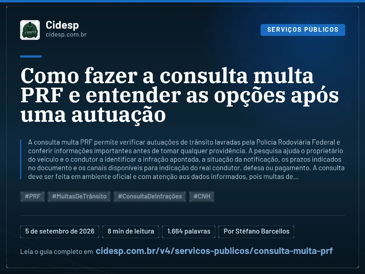 Cartão do artigo “Como fazer a consulta multa PRF e entender as opções após uma autuação”, com resumo, data de publicação e endereço da página.