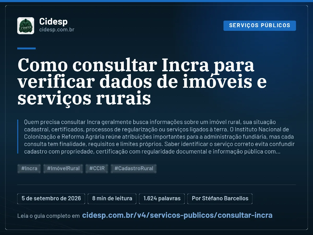 Cartão do artigo “Como consultar Incra para verificar dados de imóveis e serviços rurais”, com resumo, data de publicação e endereço da página.