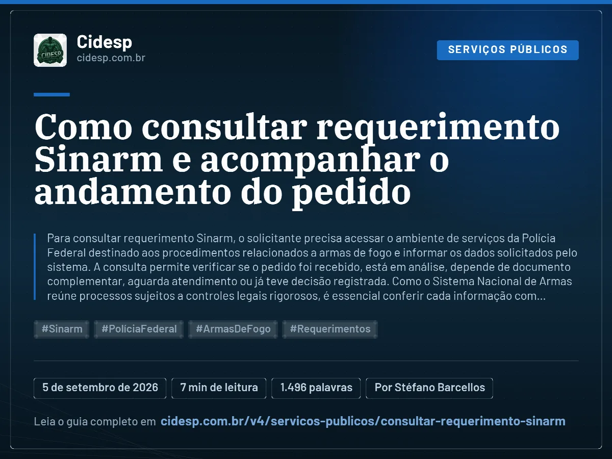 Cartão do artigo “Como consultar requerimento Sinarm e acompanhar o andamento do pedido”, com resumo, data de publicação e endereço da página.