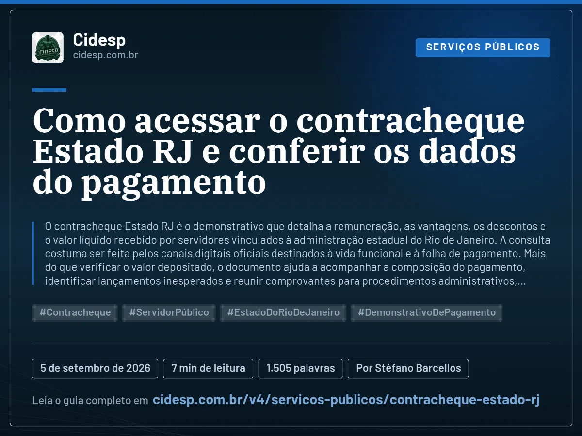 Cartão do artigo “Como acessar o contracheque Estado RJ e conferir os dados do pagamento”, com resumo, data de publicação e endereço da página.