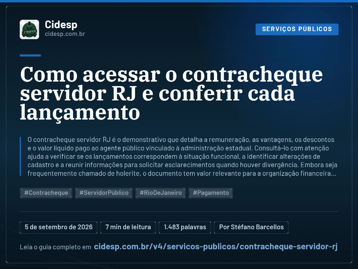Cartão do artigo “Como acessar o contracheque servidor RJ e conferir cada lançamento”, com resumo, data de publicação e endereço da página.