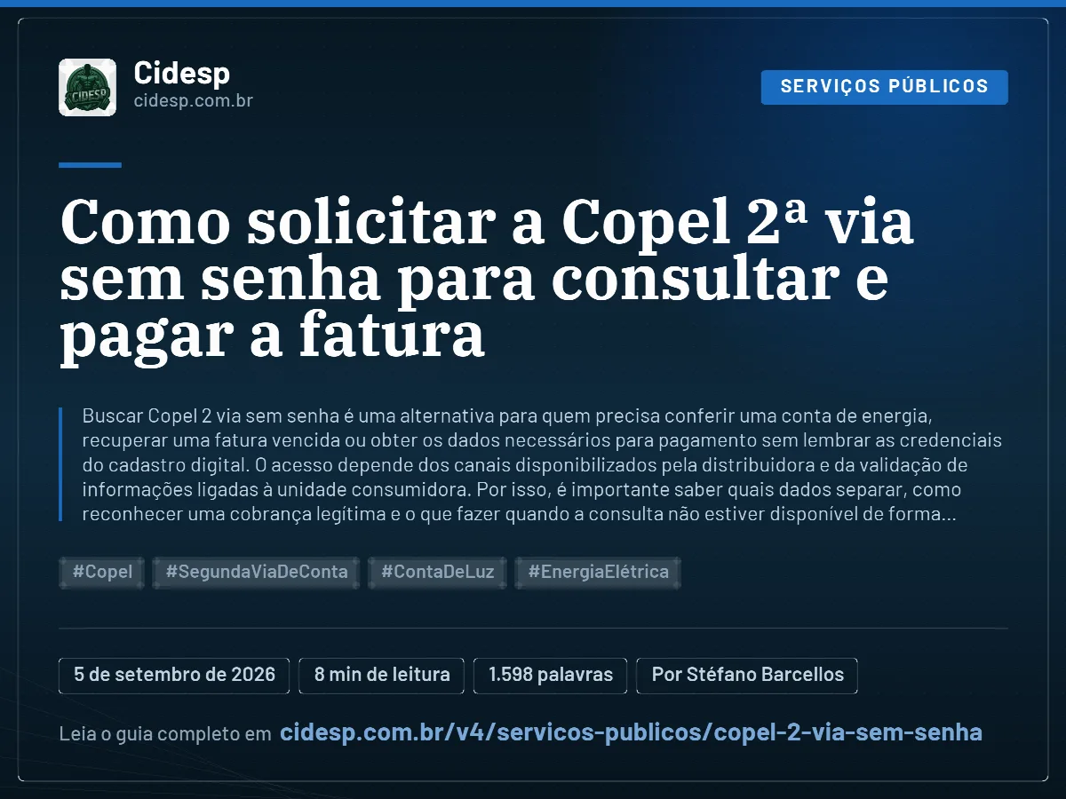 Cartão do artigo “Como solicitar a Copel 2ª via sem senha para consultar e pagar a fatura”, com resumo, data de publicação e endereço da página.