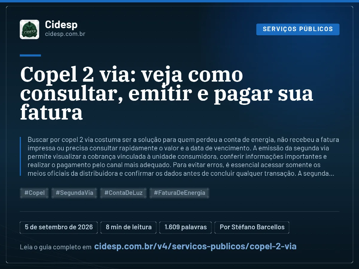 Cartão do artigo “Copel 2 via: veja como consultar, emitir e pagar sua fatura”, com resumo, data de publicação e endereço da página.