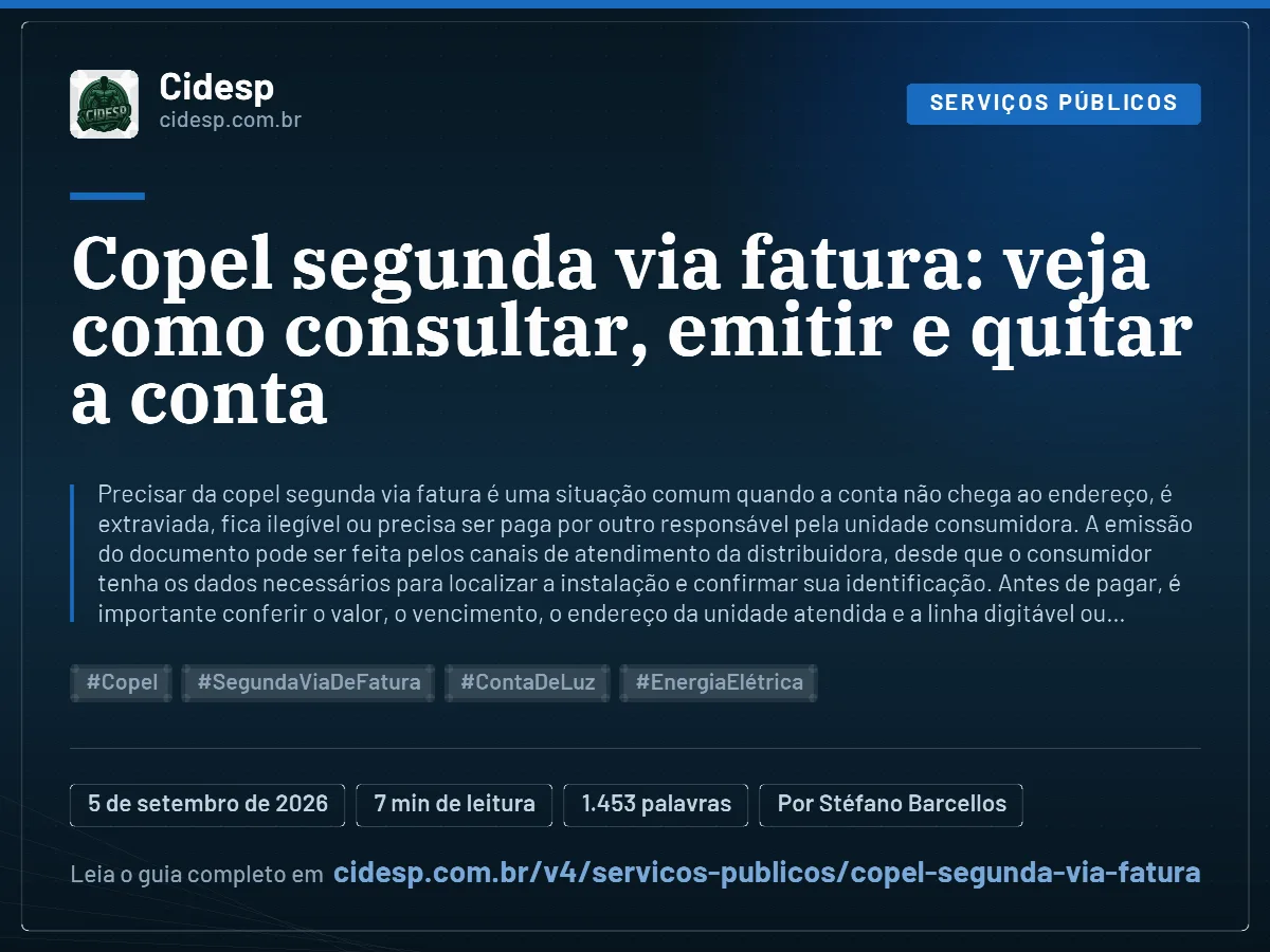 Cartão do artigo “Copel segunda via fatura: veja como consultar, emitir e quitar a conta”, com resumo, data de publicação e endereço da página.