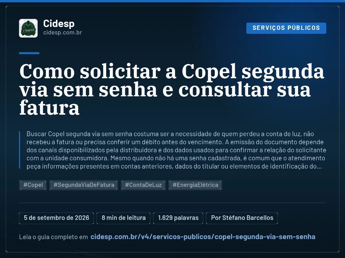 Cartão do artigo “Como solicitar a Copel segunda via sem senha e consultar sua fatura”, com resumo, data de publicação e endereço da página.