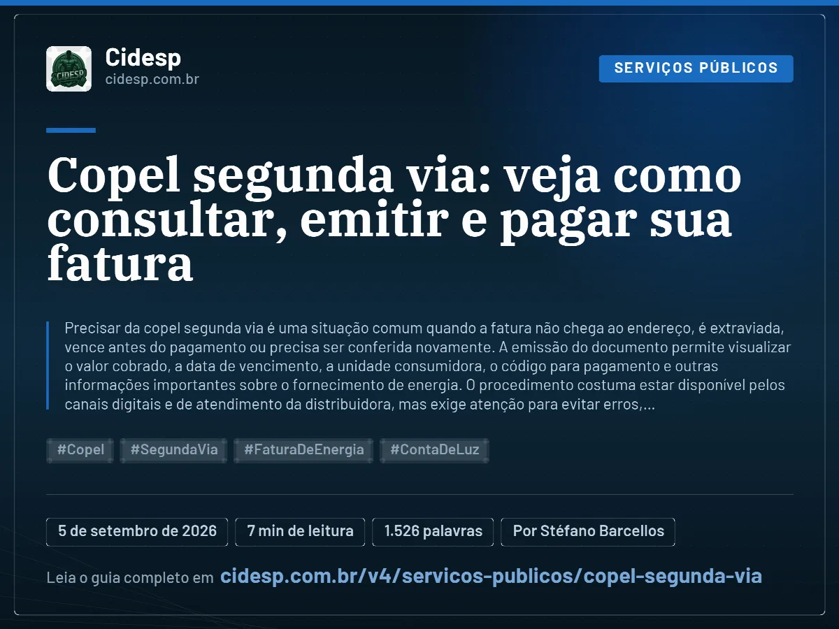 Cartão do artigo “Copel segunda via: veja como consultar, emitir e pagar sua fatura”, com resumo, data de publicação e endereço da página.