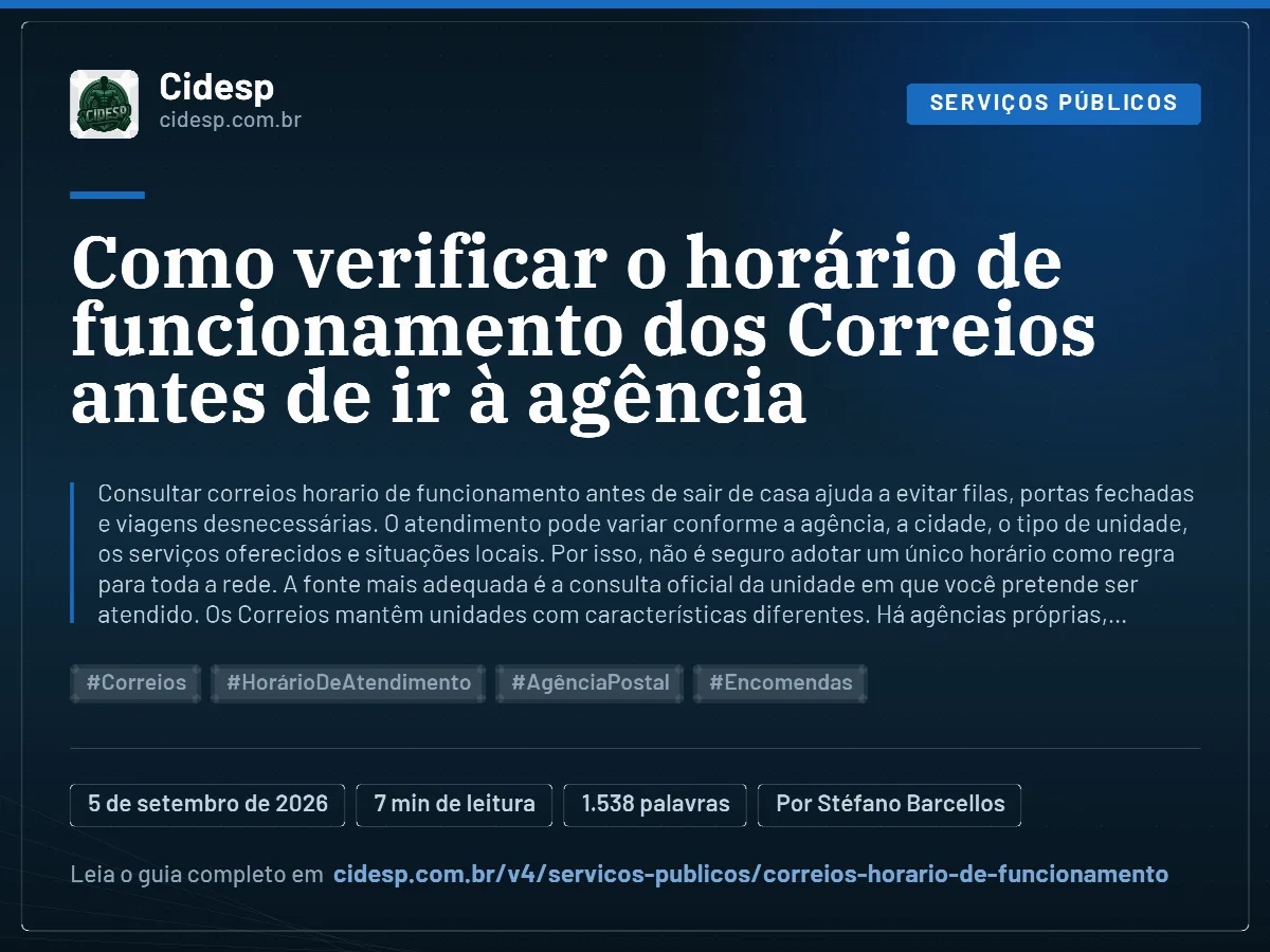 Cartão do artigo “Como verificar o horário de funcionamento dos Correios antes de ir à agência”, com resumo, data de publicação e endereço da página.