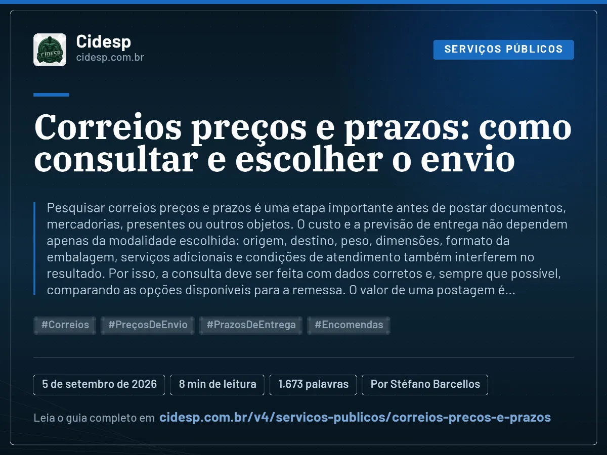 Cartão do artigo “Correios preços e prazos: como consultar e escolher o envio”, com resumo, data de publicação e endereço da página.