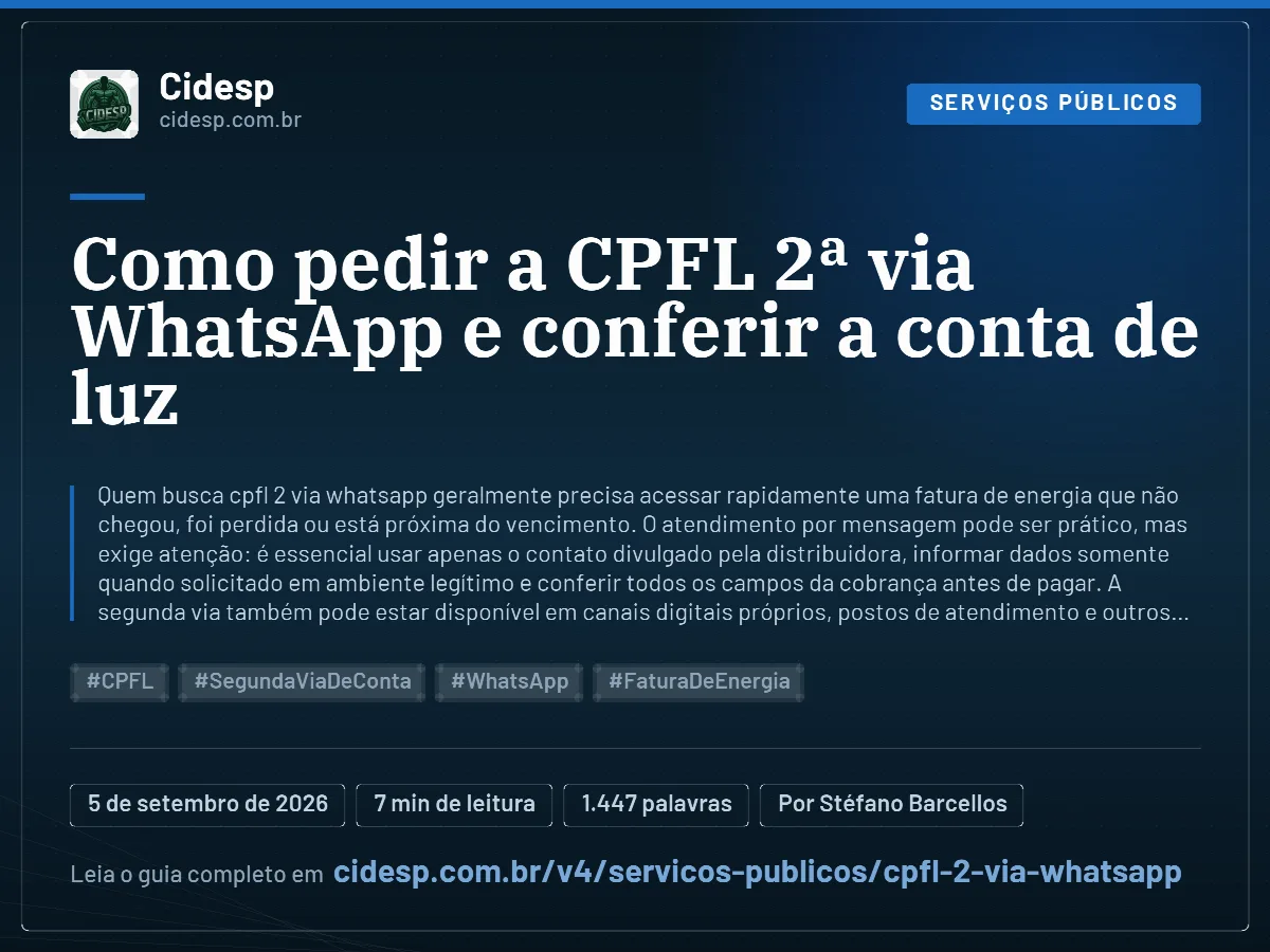 Cartão do artigo “Como pedir a CPFL 2ª via WhatsApp e conferir a conta de luz”, com resumo, data de publicação e endereço da página.