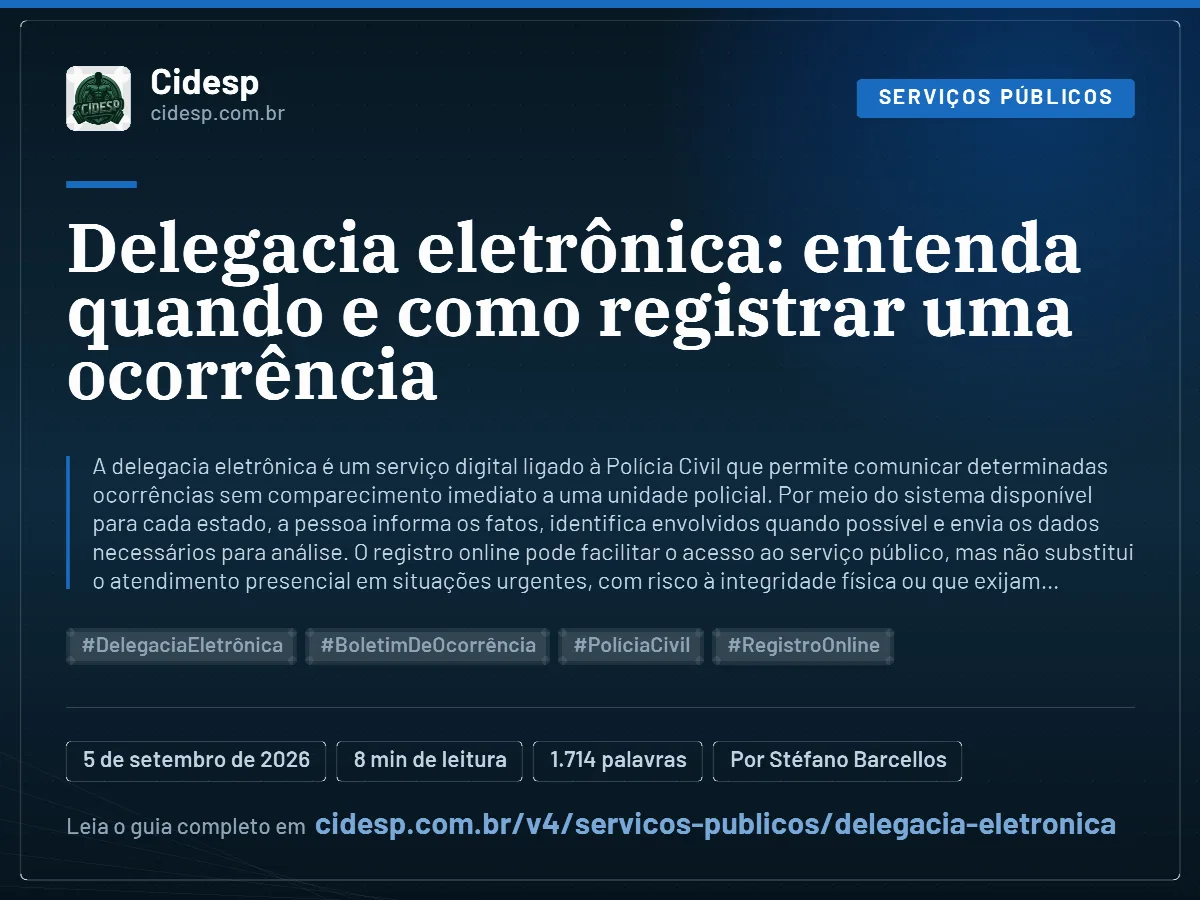 Cartão do artigo “Delegacia eletrônica: entenda quando e como registrar uma ocorrência”, com resumo, data de publicação e endereço da página.