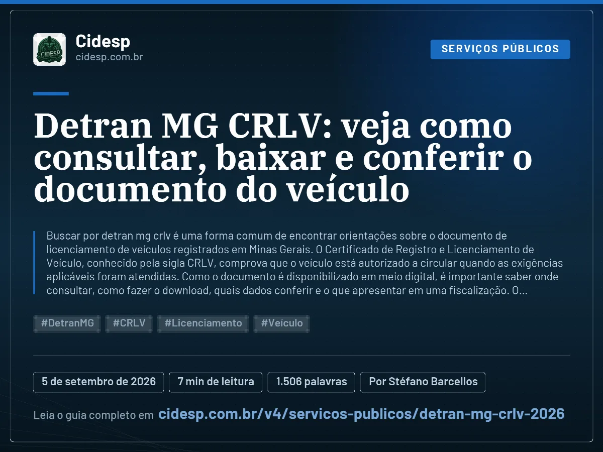 Cartão do artigo “Detran MG CRLV: veja como consultar, baixar e conferir o documento do veículo”, com resumo, data de publicação e endereço da página.
