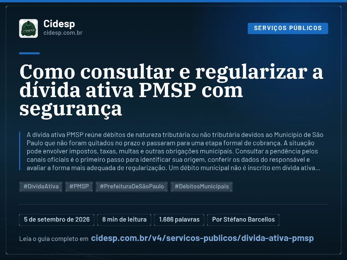 Cartão do artigo “Como consultar e regularizar a dívida ativa PMSP com segurança”, com resumo, data de publicação e endereço da página.