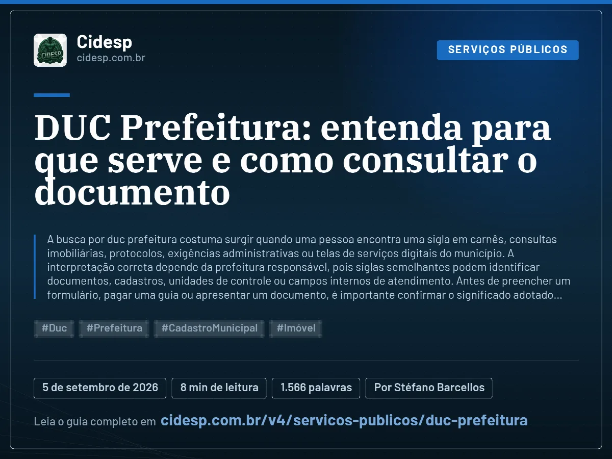 Cartão do artigo “DUC Prefeitura: entenda para que serve e como consultar o documento”, com resumo, data de publicação e endereço da página.