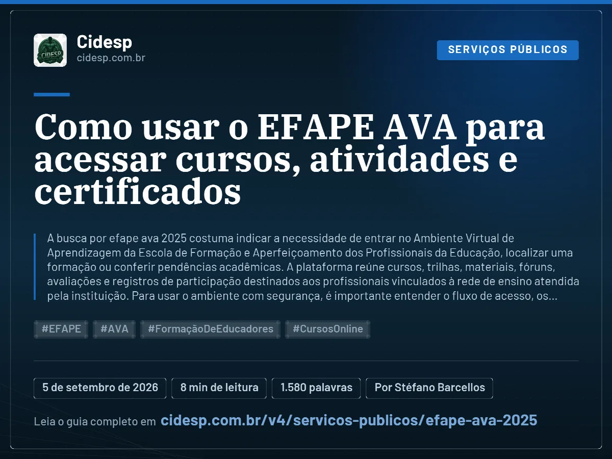 Cartão do artigo “Como usar o EFAPE AVA para acessar cursos, atividades e certificados”, com resumo, data de publicação e endereço da página.