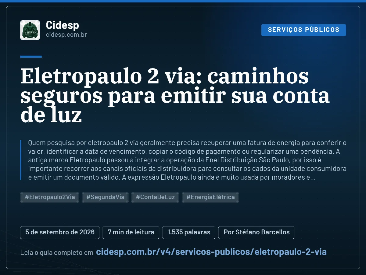 Cartão do artigo “Eletropaulo 2 via: caminhos seguros para emitir sua conta de luz”, com resumo, data de publicação e endereço da página.