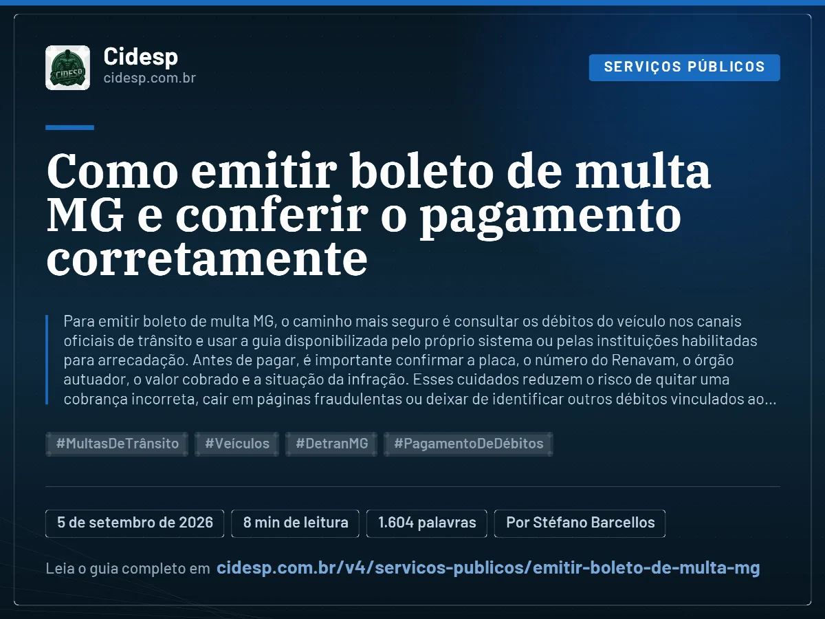 Cartão do artigo “Como emitir boleto de multa MG e conferir o pagamento corretamente”, com resumo, data de publicação e endereço da página.