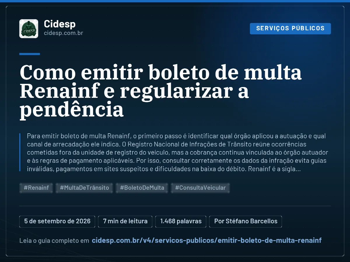 Cartão do artigo “Como emitir boleto de multa Renainf e regularizar a pendência”, com resumo, data de publicação e endereço da página.