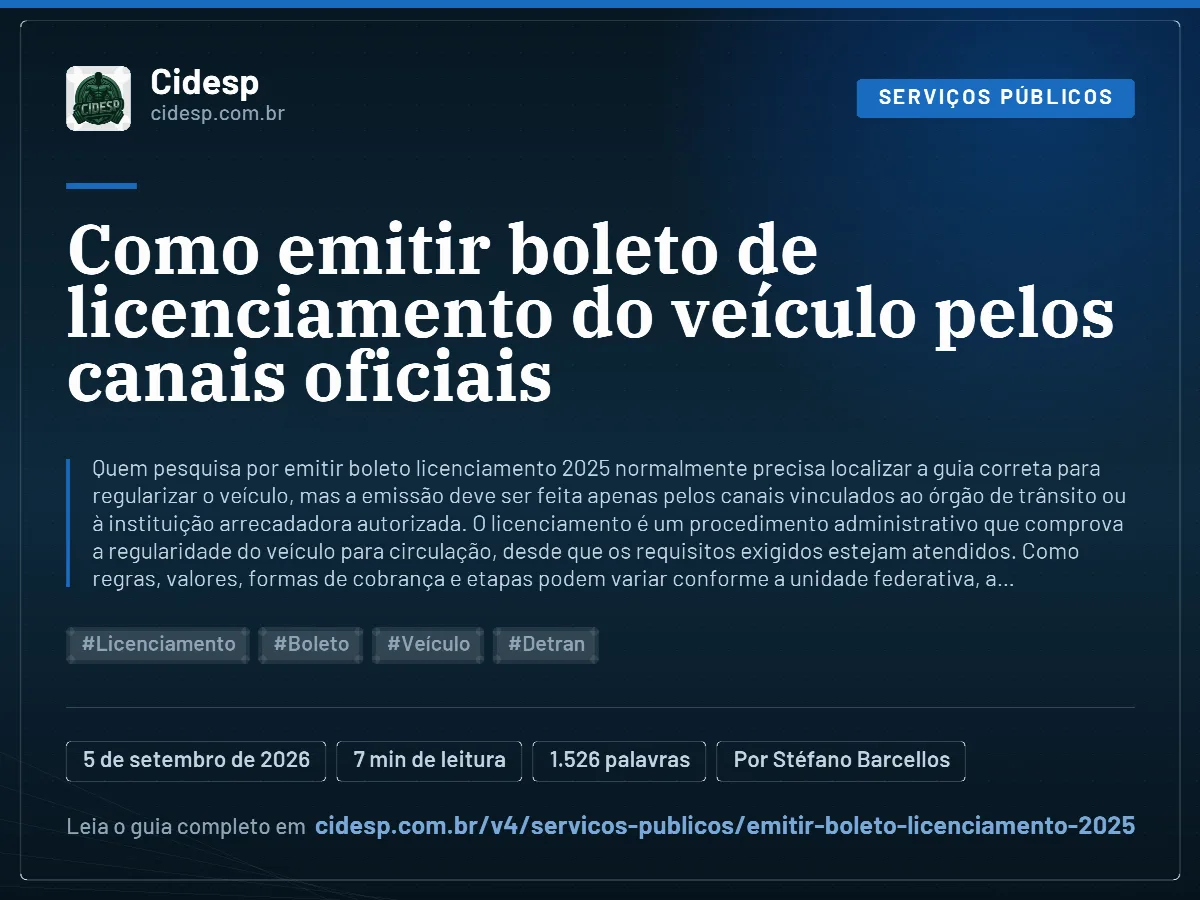 Cartão do artigo “Como emitir boleto de licenciamento do veículo pelos canais oficiais”, com resumo, data de publicação e endereço da página.