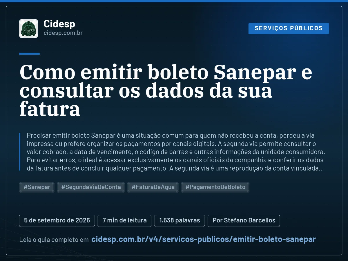 Cartão do artigo “Como emitir boleto Sanepar e consultar os dados da sua fatura”, com resumo, data de publicação e endereço da página.