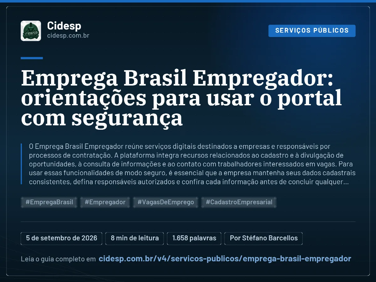 Cartão do artigo “Emprega Brasil Empregador: orientações para usar o portal com segurança”, com resumo, data de publicação e endereço da página.