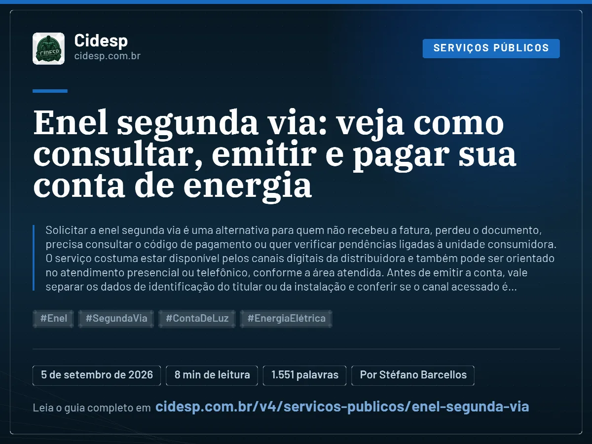 Cartão do artigo “Enel segunda via: veja como consultar, emitir e pagar sua conta de energia”, com resumo, data de publicação e endereço da página.
