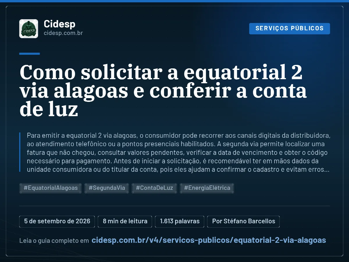 Cartão do artigo “Como solicitar a equatorial 2 via alagoas e conferir a conta de luz”, com resumo, data de publicação e endereço da página.