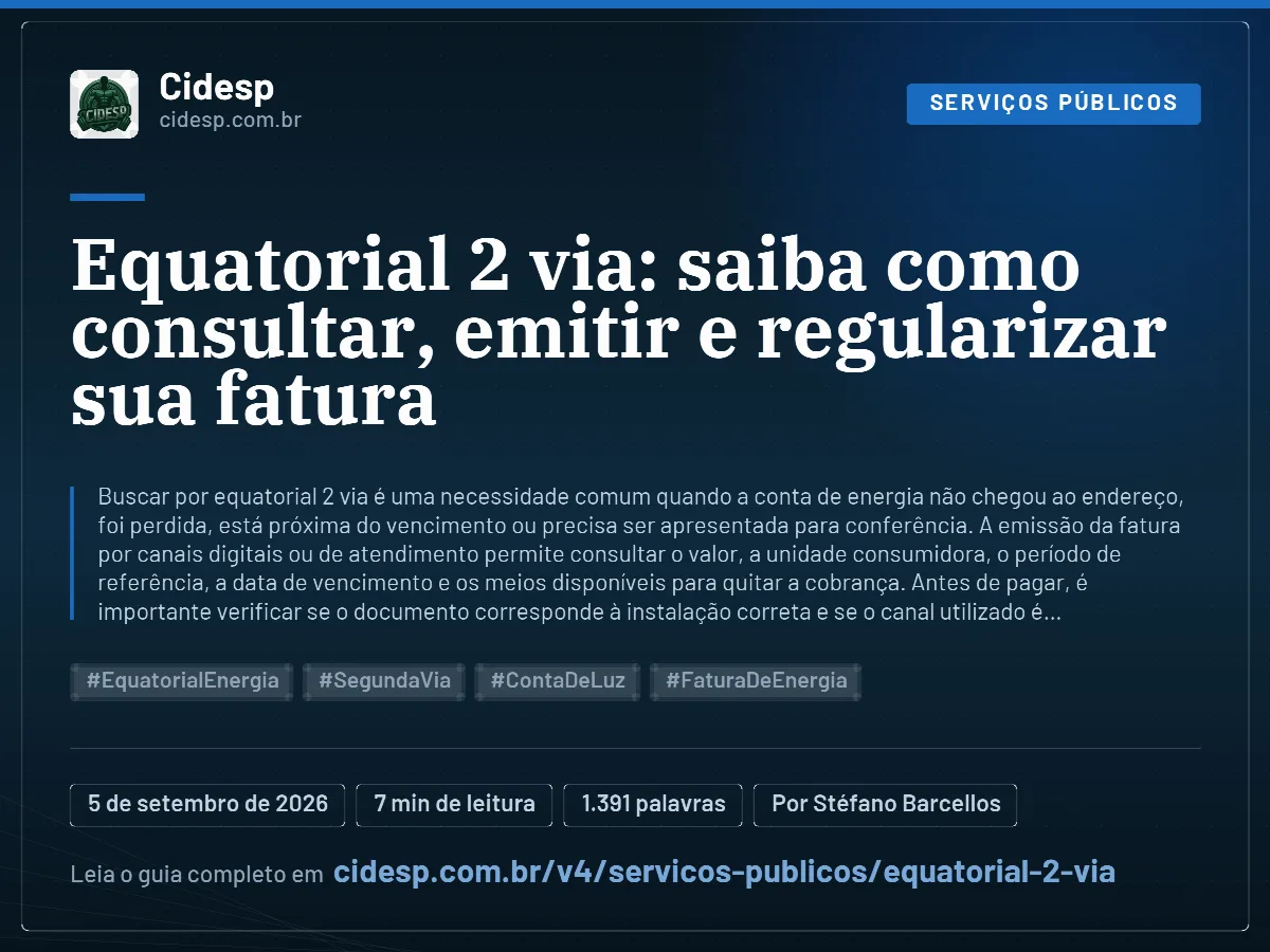 Cartão do artigo “Equatorial 2 via: saiba como consultar, emitir e regularizar sua fatura”, com resumo, data de publicação e endereço da página.