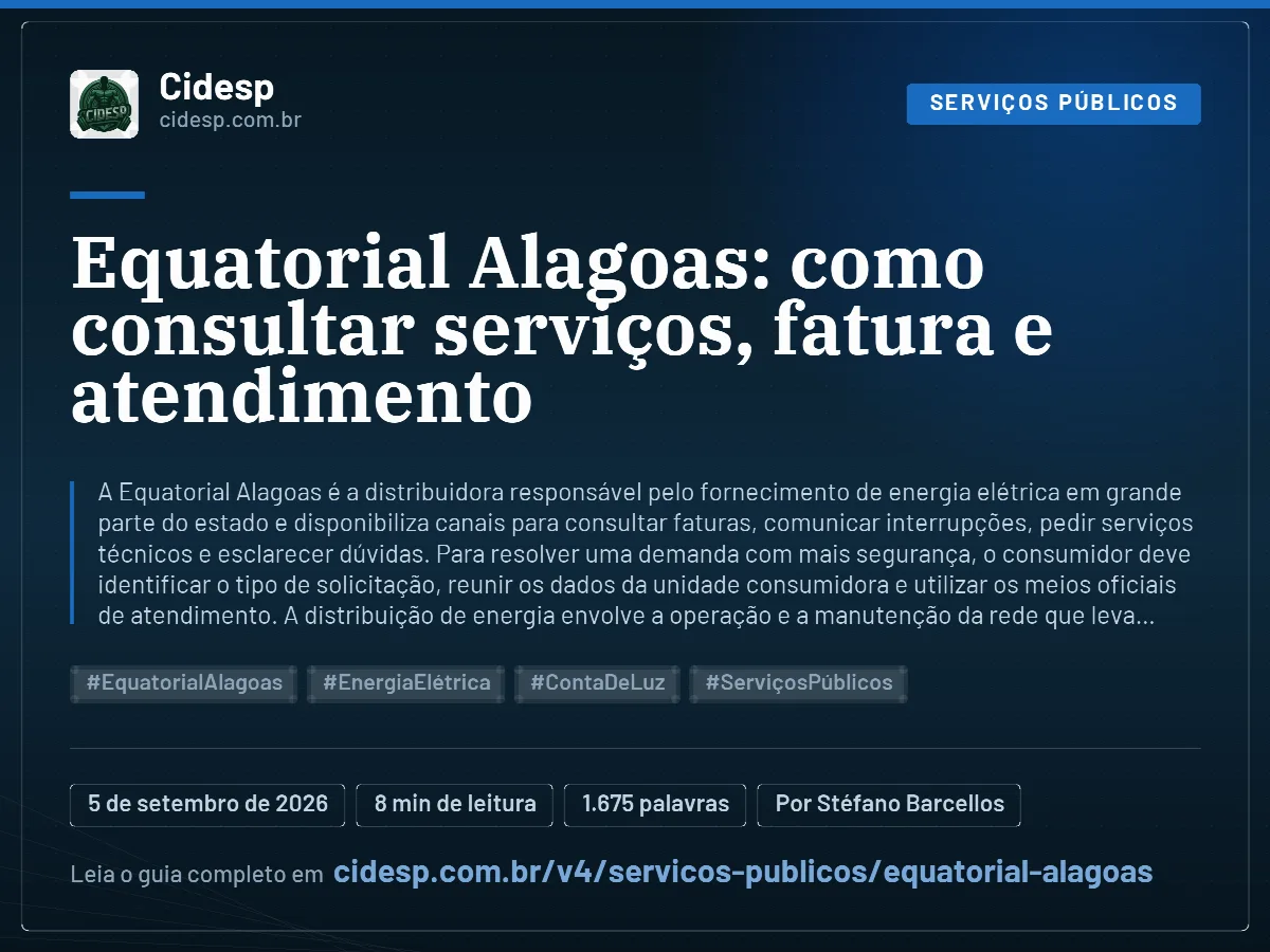 Cartão do artigo “Equatorial Alagoas: como consultar serviços, fatura e atendimento”, com resumo, data de publicação e endereço da página.