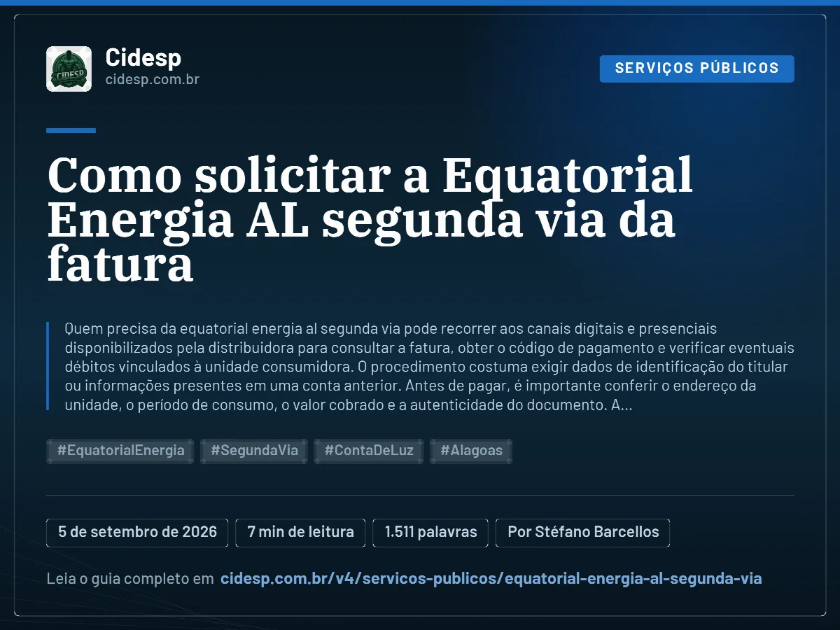 Cartão do artigo “Como solicitar a Equatorial Energia AL segunda via da fatura”, com resumo, data de publicação e endereço da página.