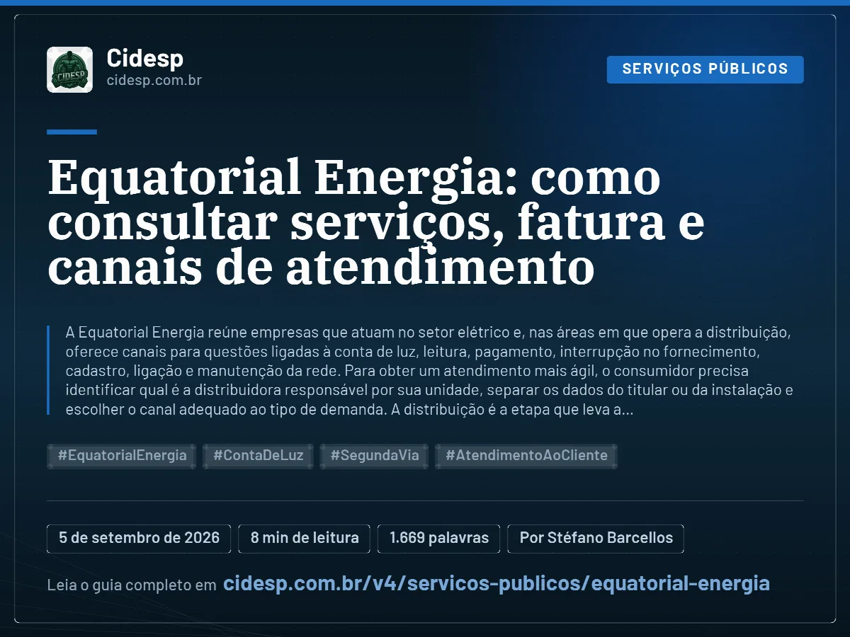 Cartão do artigo “Equatorial Energia: como consultar serviços, fatura e canais de atendimento”, com resumo, data de publicação e endereço da página.