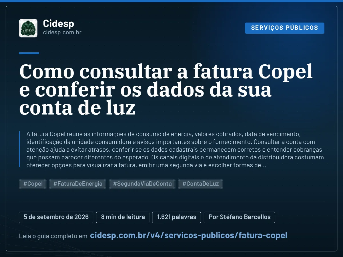 Cartão do artigo “Como consultar a fatura Copel e conferir os dados da sua conta de luz”, com resumo, data de publicação e endereço da página.