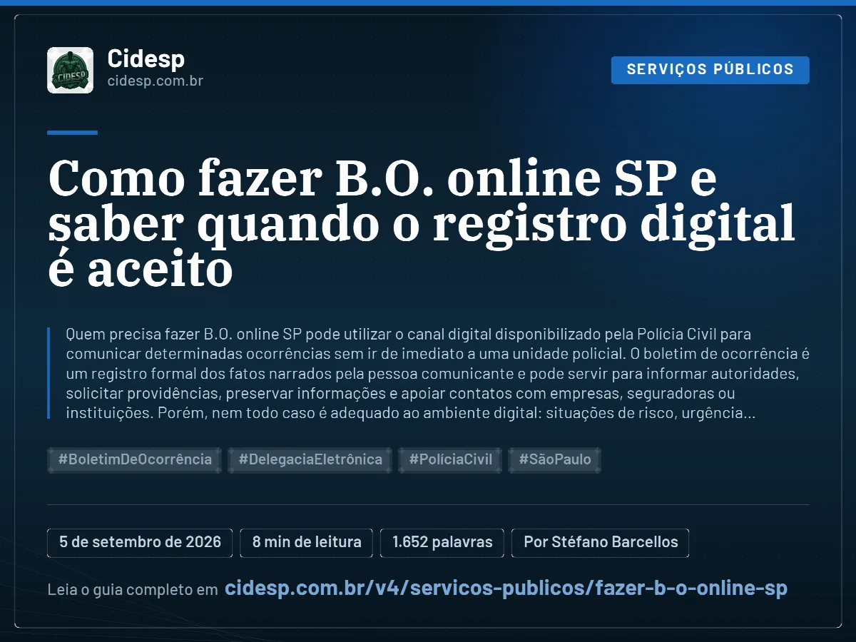 Cartão do artigo “Como fazer B.O. online SP e saber quando o registro digital é aceito”, com resumo, data de publicação e endereço da página.