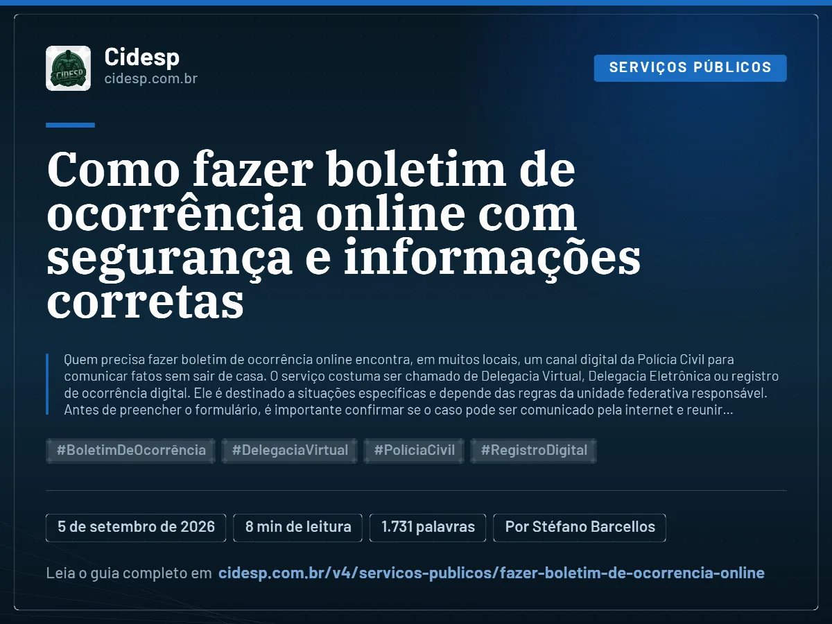 Cartão do artigo “Como fazer boletim de ocorrência online com segurança e informações corretas”, com resumo, data de publicação e endereço da página.