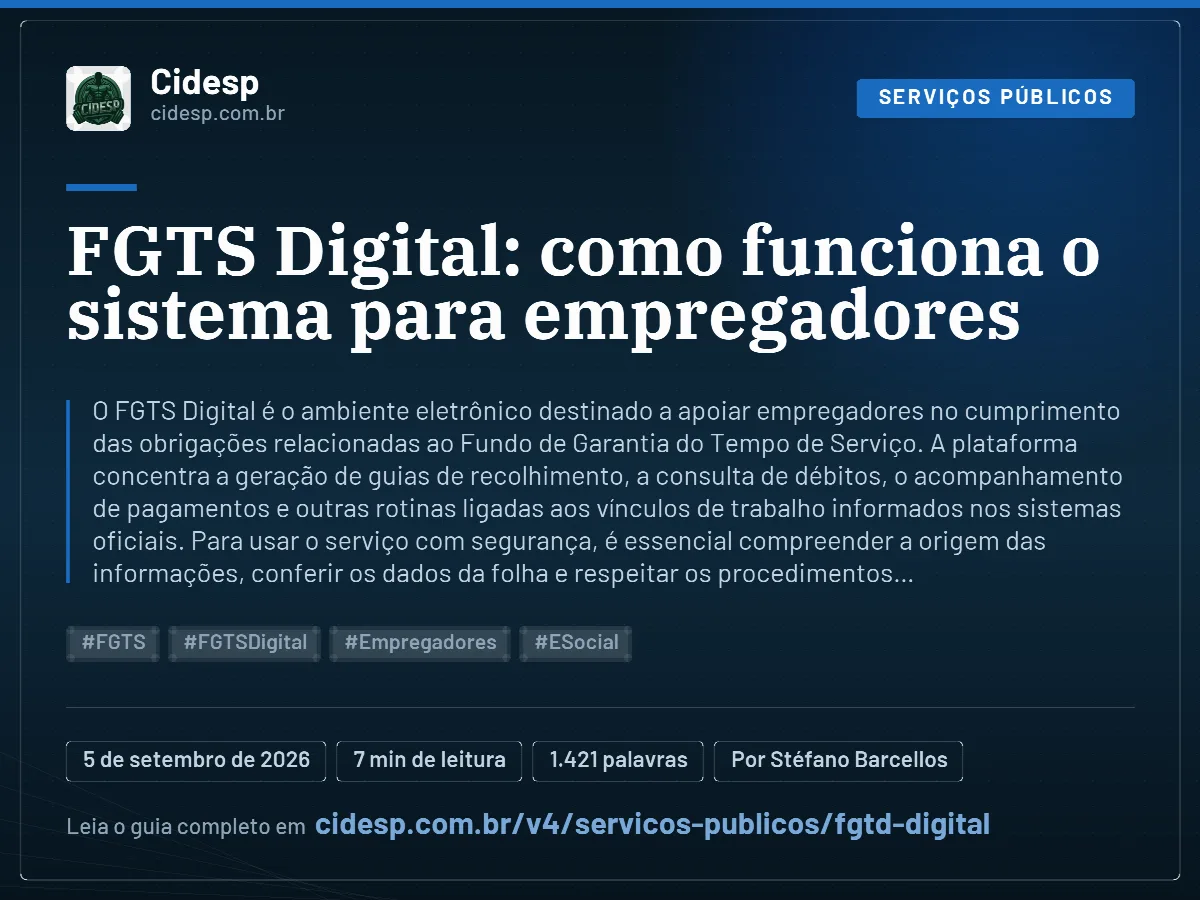 Cartão do artigo “FGTS Digital: como funciona o sistema para empregadores”, com resumo, data de publicação e endereço da página.