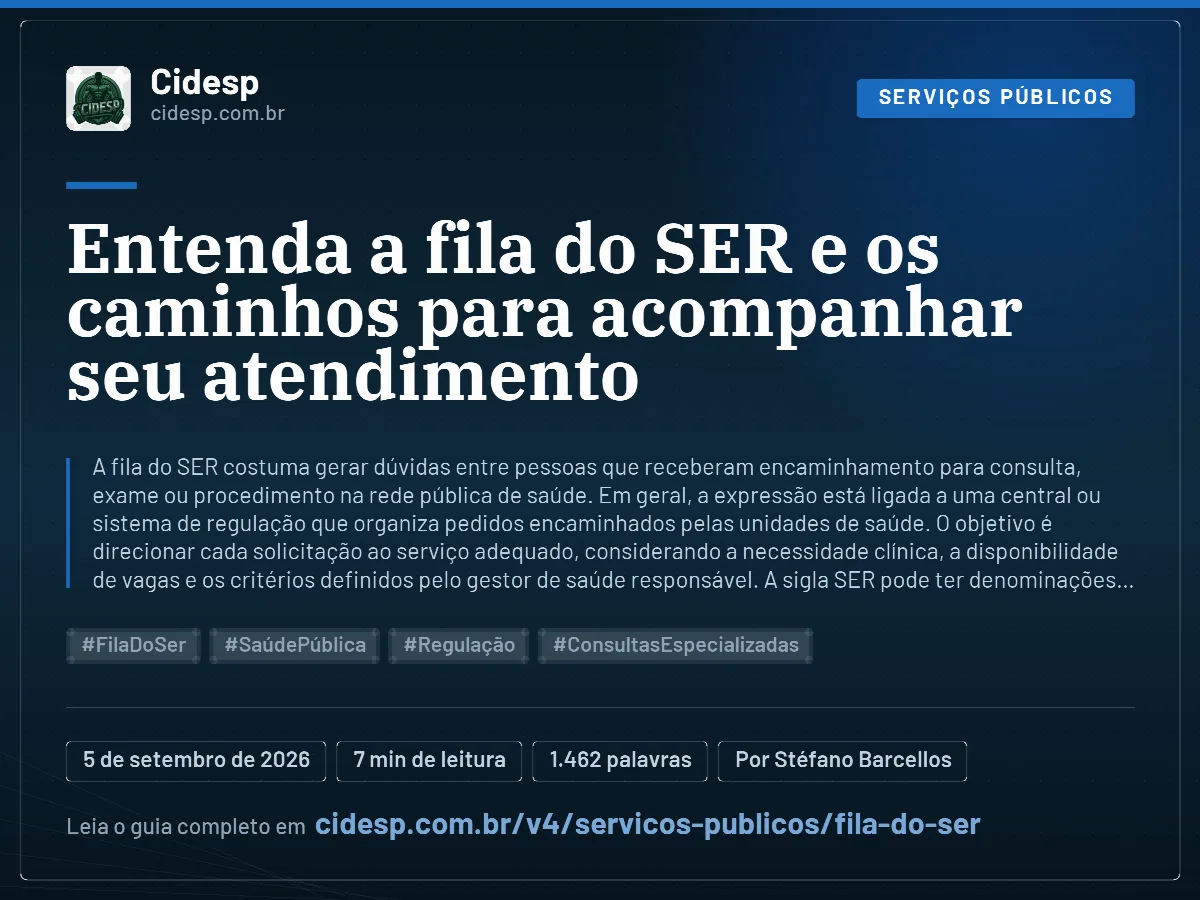 Cartão do artigo “Entenda a fila do SER e os caminhos para acompanhar seu atendimento”, com resumo, data de publicação e endereço da página.