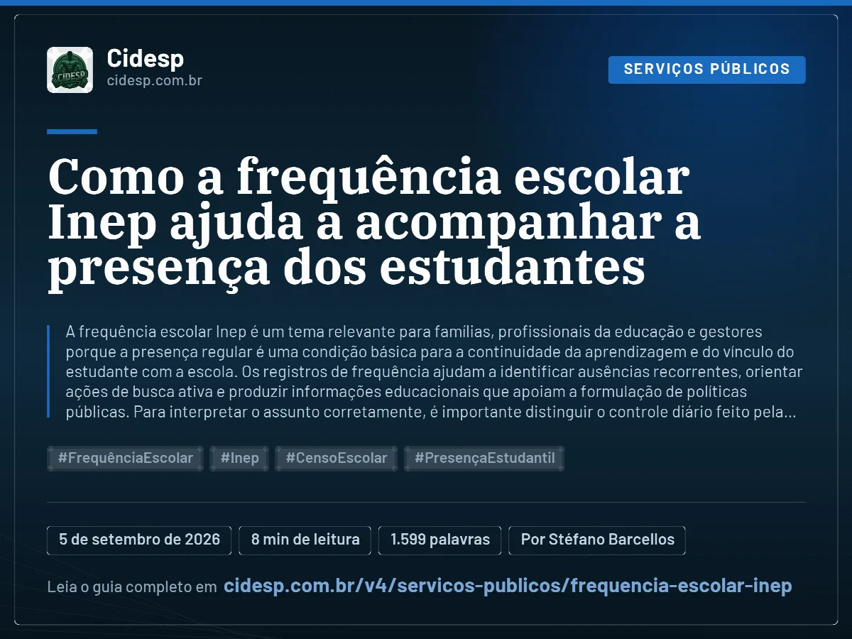 Cartão do artigo “Como a frequência escolar Inep ajuda a acompanhar a presença dos estudantes”, com resumo, data de publicação e endereço da página.