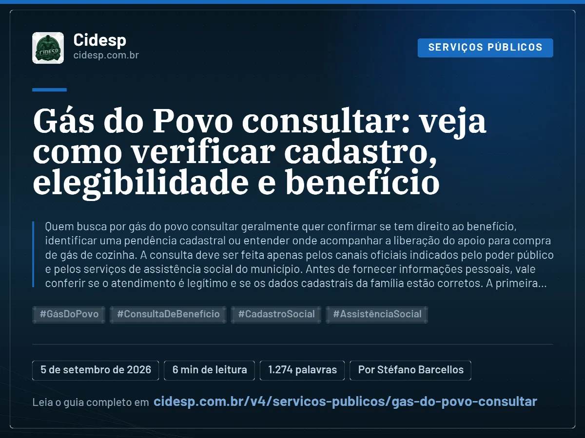 Cartão do artigo “Gás do Povo consultar: veja como verificar cadastro, elegibilidade e benefício”, com resumo, data de publicação e endereço da página.