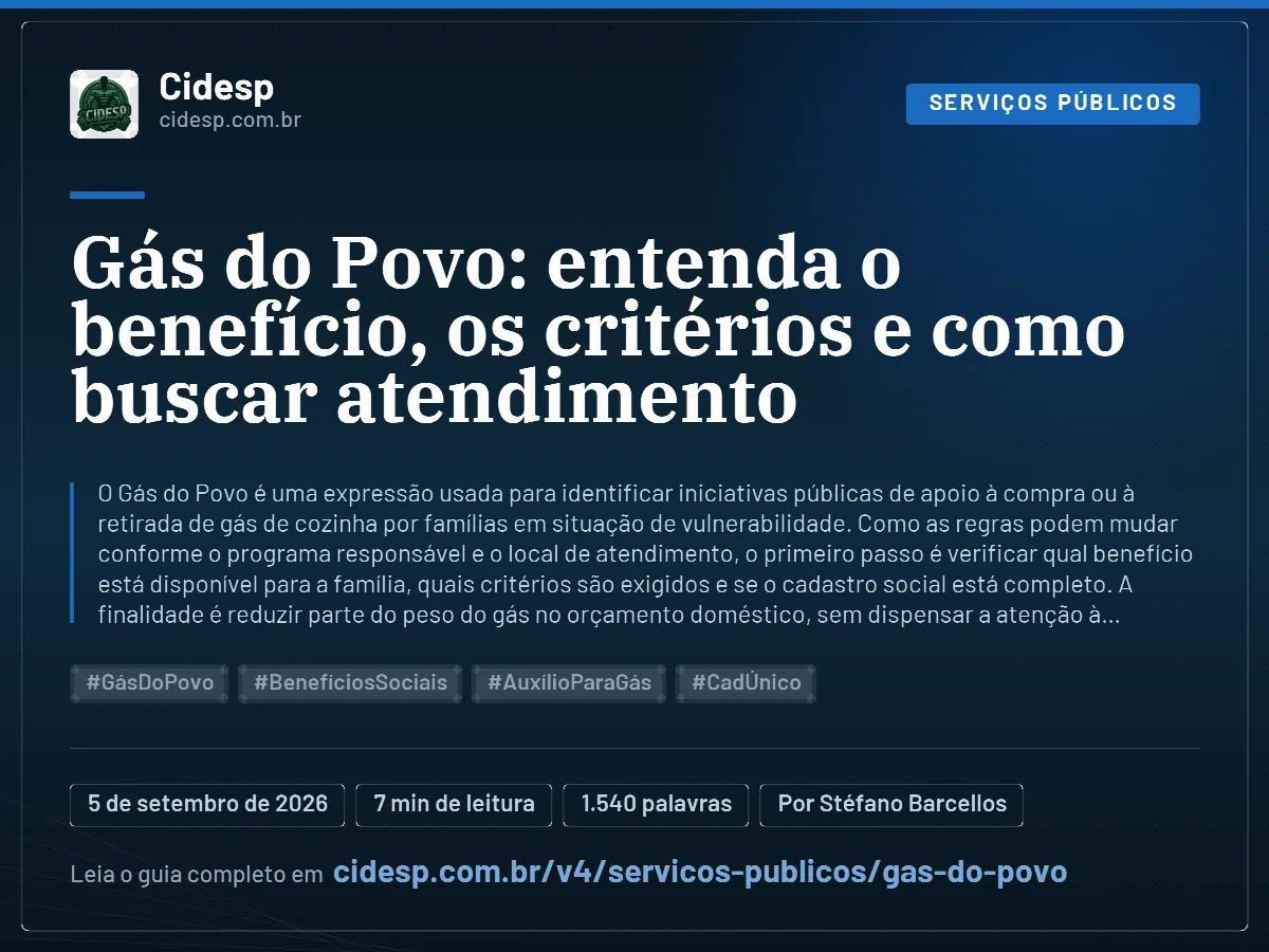 Cartão do artigo “Gás do Povo: entenda o benefício, os critérios e como buscar atendimento”, com resumo, data de publicação e endereço da página.