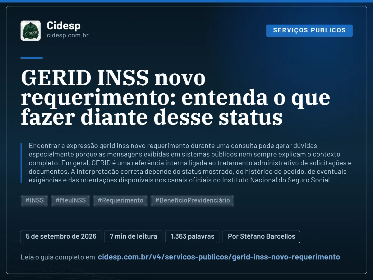 Cartão do artigo “GERID INSS novo requerimento: entenda o que fazer diante desse status”, com resumo, data de publicação e endereço da página.