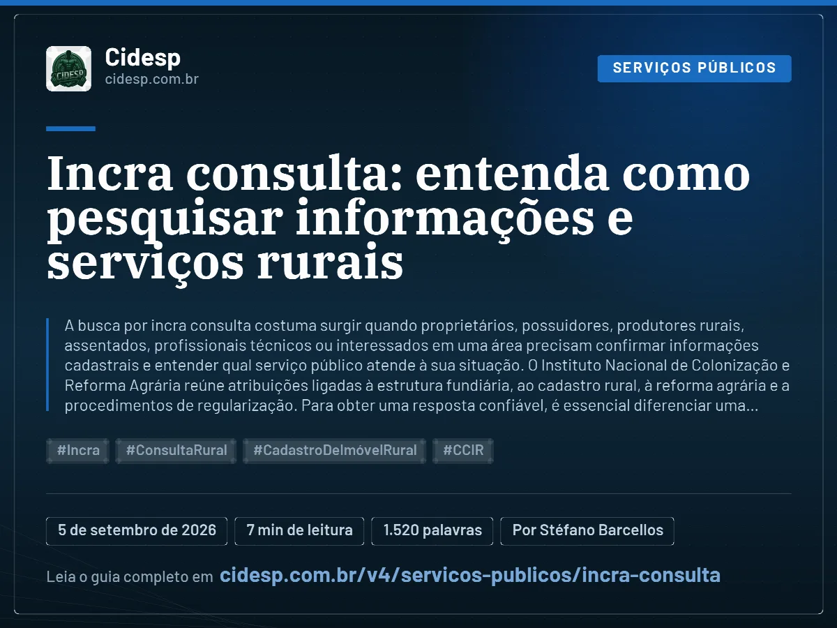 Cartão do artigo “Incra consulta: entenda como pesquisar informações e serviços rurais”, com resumo, data de publicação e endereço da página.