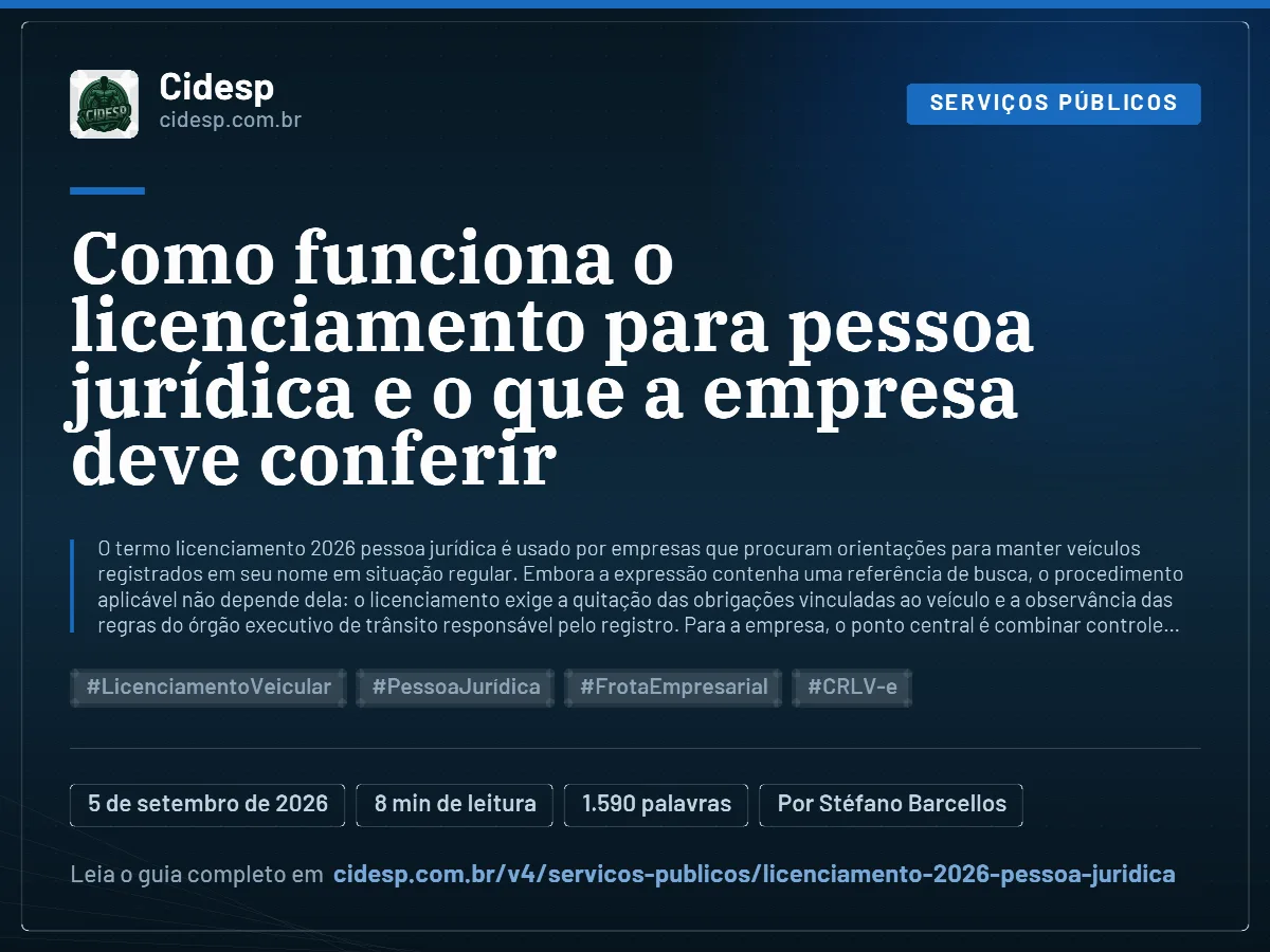 Cartão do artigo “Como funciona o licenciamento para pessoa jurídica e o que a empresa deve conferir”, com resumo, data de publicação e endereço da página.