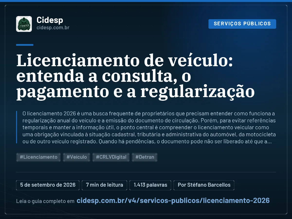 Cartão do artigo “Licenciamento de veículo: entenda a consulta, o pagamento e a regularização”, com resumo, data de publicação e endereço da página.
