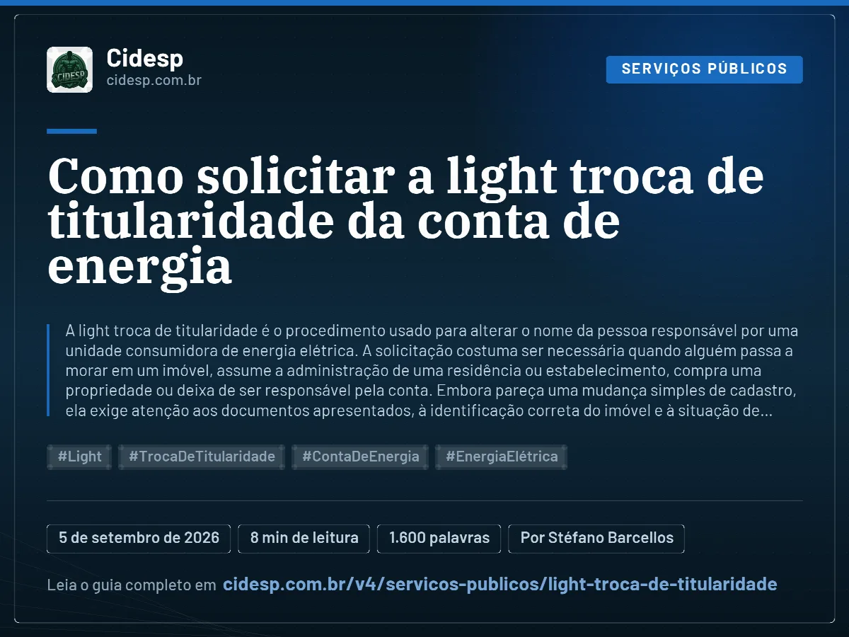 Cartão do artigo “Como solicitar a light troca de titularidade da conta de energia”, com resumo, data de publicação e endereço da página.