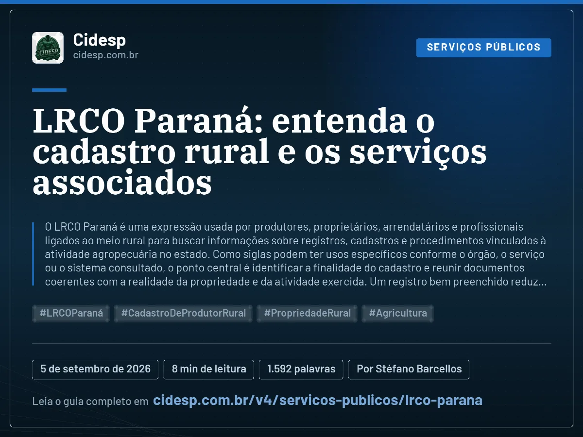 Cartão do artigo “LRCO Paraná: entenda o cadastro rural e os serviços associados”, com resumo, data de publicação e endereço da página.